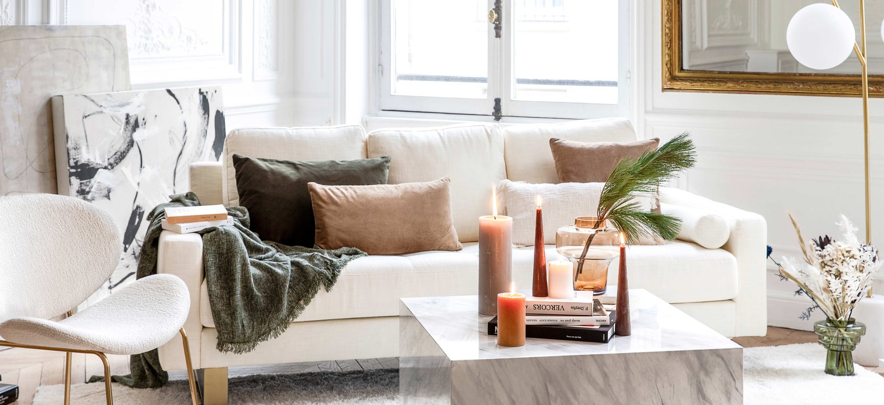 Inspiration MIDNIGHT 3-Sitzer Sofas Weiß / Gold Samt / Edelstahl