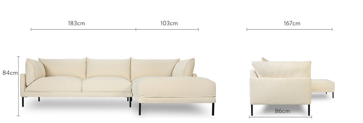 ETHAN Ecksofas Weiß / Schwarz Bouclé / Metall Dimensions