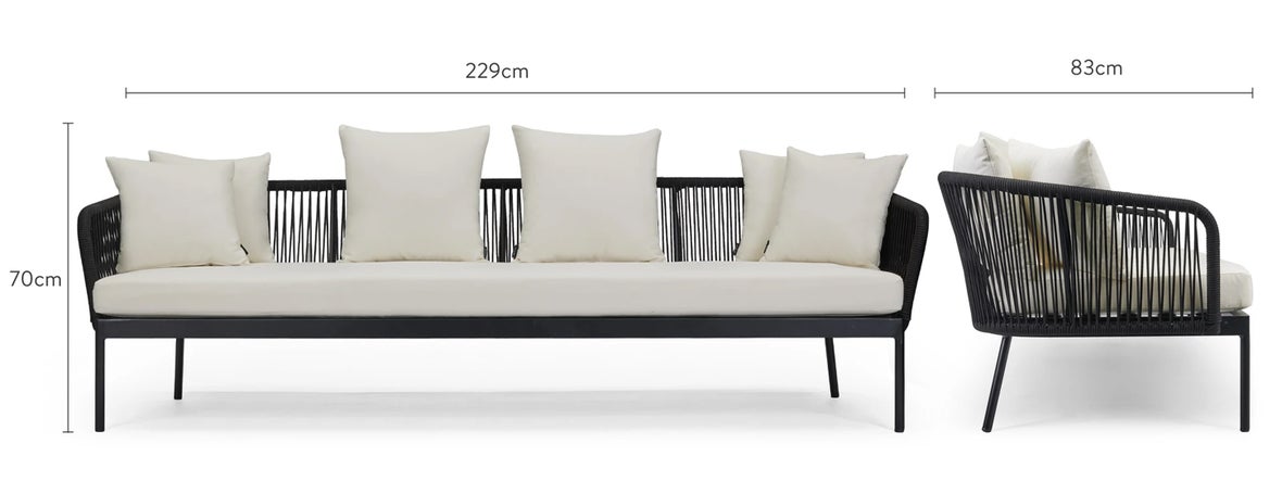 SANTA MONICA 3-Sitzer Gartensofas Creme / Schwarz Metall / Kordelgewebe Dimensions