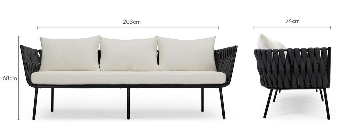 HAMPTONS 3-Sitzer Gartensofas Schwarz / Ecru Edelstahl / Kordelgewebe Dimensions