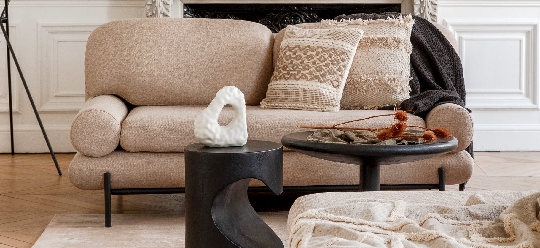 Inspiration OMNYA 3-Sitzer Sofas Taupe / Schwarz Stoff / Edelstahl