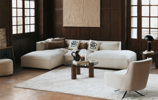 Canapé d'angle - Bouclette blanc himalaya & bois noir - NV GALLERY