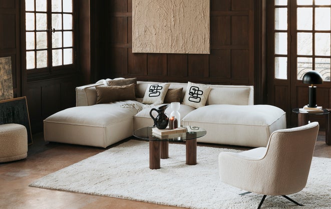 Canapé d'angle - Bouclette blanc himalaya & bois noir - NV GALLERY