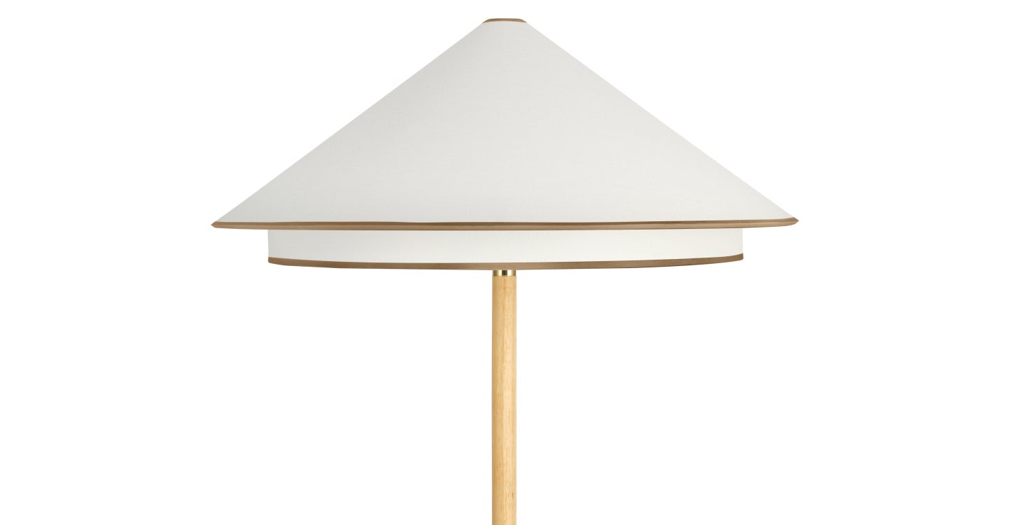 Floor lamp japandi Shade white linen, natural wood & golden metal