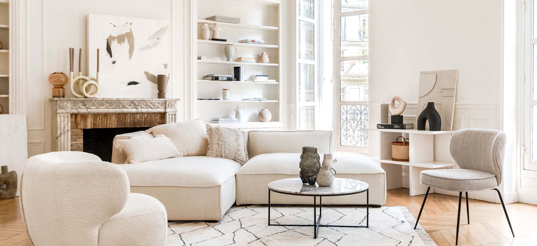 Inspiration AUSTER Corner Sofas White Curl / Wood