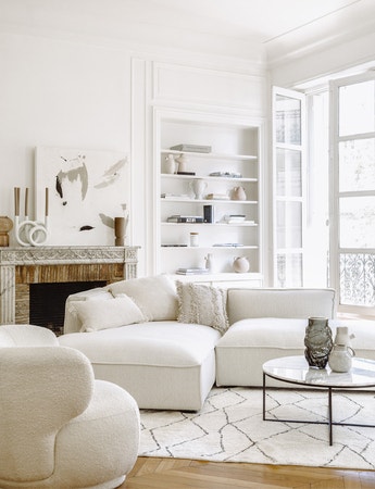 Canapé d'angle - Bouclette blanc himalaya & bois noir - NV GALLERY - AUSTER