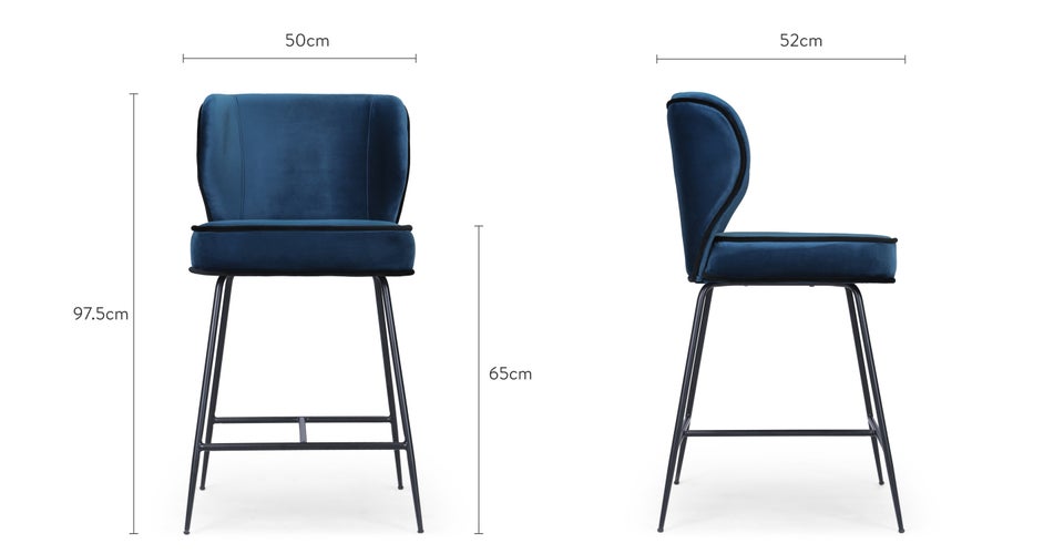 WAYNE Bar Stools Blue Fabric/Metal Dimensions