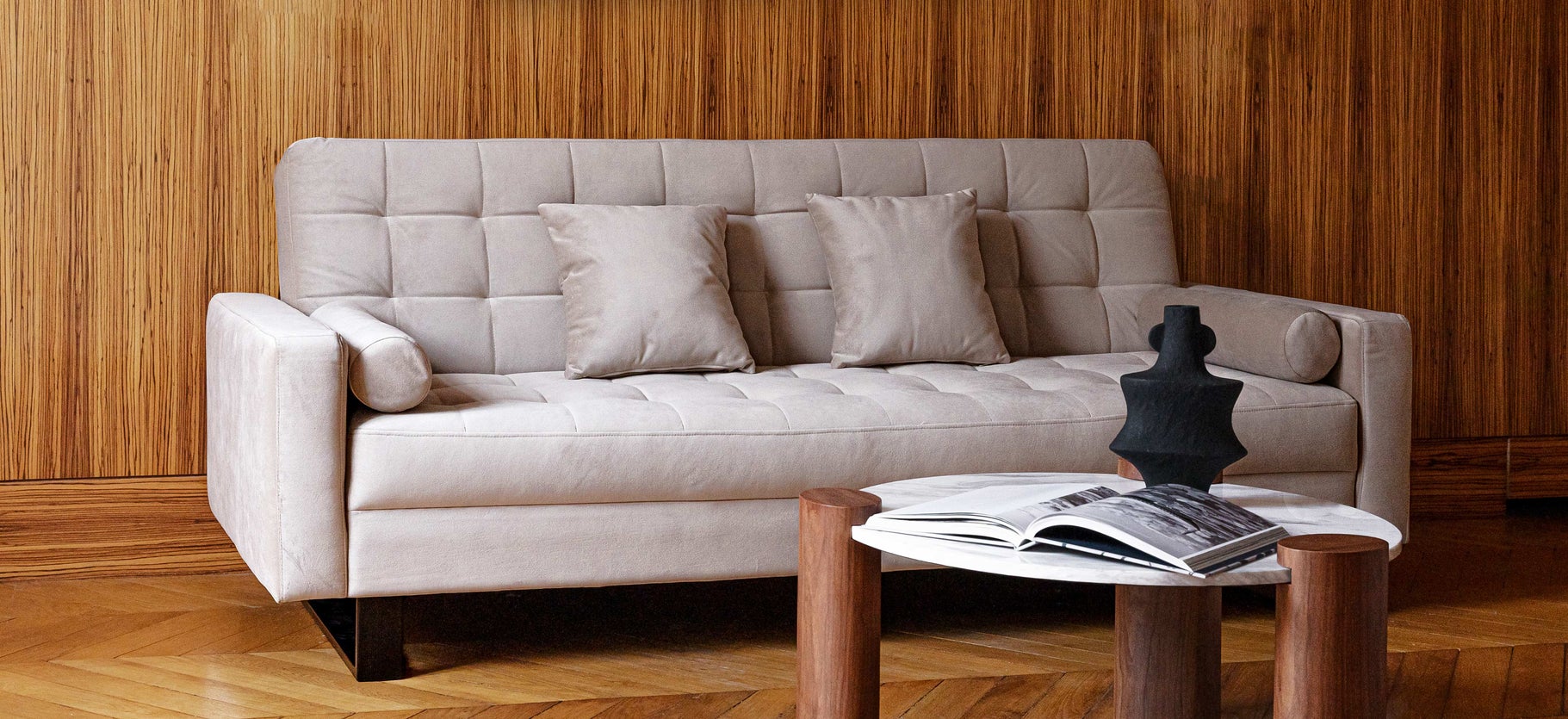 Inspiration MIDNIGHT Schlafsofas Taupe / Schwarz Samt / Metall