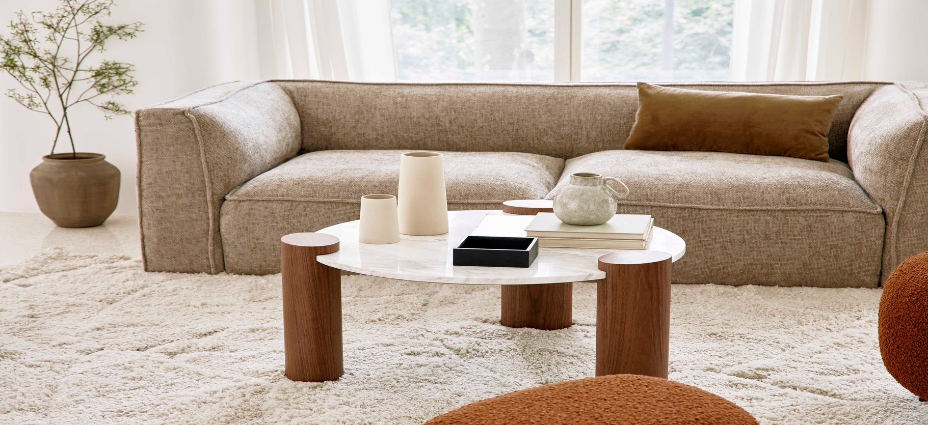 Inspiration AUSTER 3 Seater Sofas Beige / Black Velvet / Wood