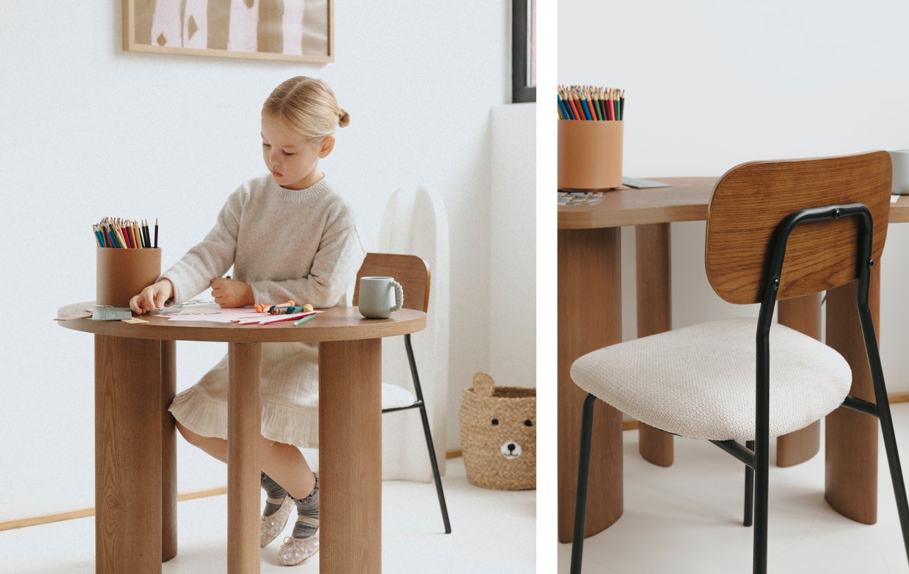 Silla + escritorio kids - Beige algodón + Madera de nogal - NV