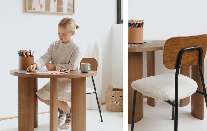 Silla + escritorio kids - Beige algodón + Madera de nogal - NV