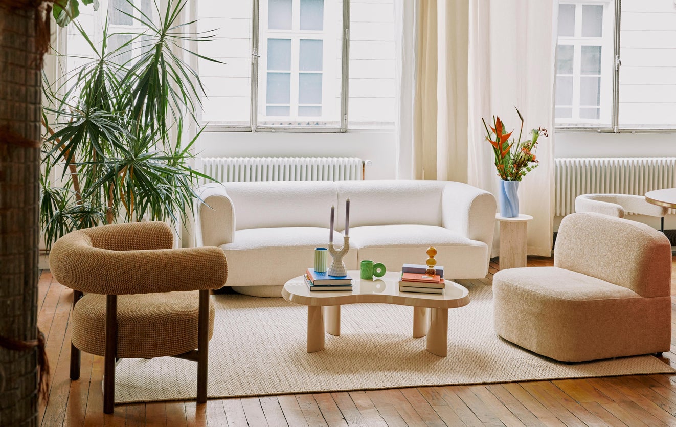 Inspiration RENSO + CAROL Sofas mit 3 und mehr Sitzplätzen Gelb / Weiß Tweed / Holz