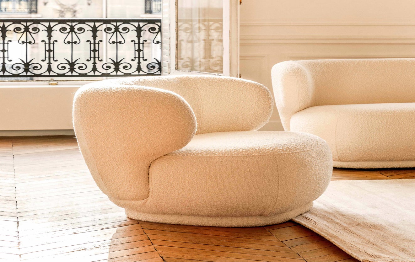 Inspiration GIULIA + MASSAO Sofas mit 3 und mehr Sitzplätzen Blanc / Ecru Bouclette / Bois