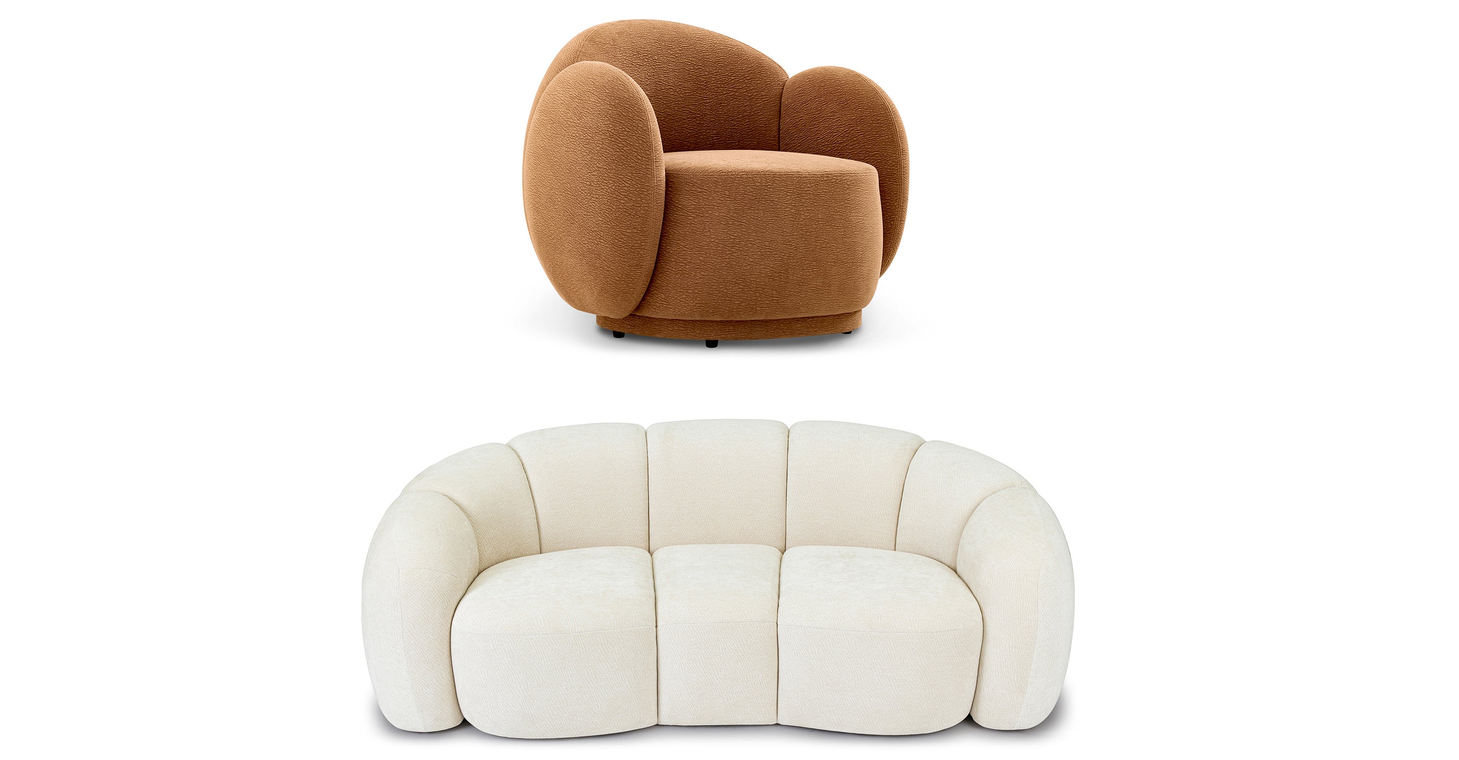 Set: sillón + sofá COCOON camel testurizado + blanco plisado