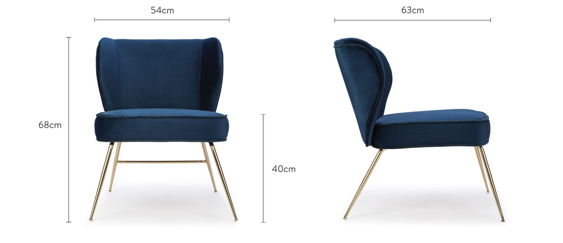 WAYNE LOUNGE Sessel Blau / Gold Samt / Edelstahl Dimensions