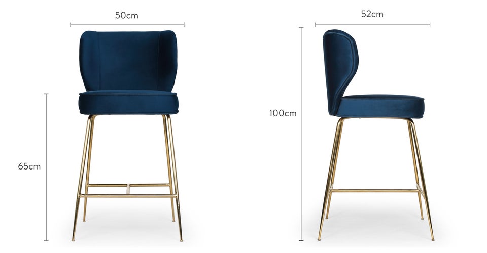 WAYNE Barhocker Blau / Gold Samt / Edelstahl Dimensions